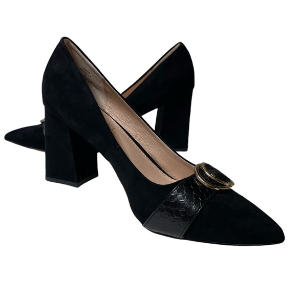 Michael Michael Shannon Black Suede Point Toe Gold Embellished Block Heels 7.5 - Picture 2 of 13